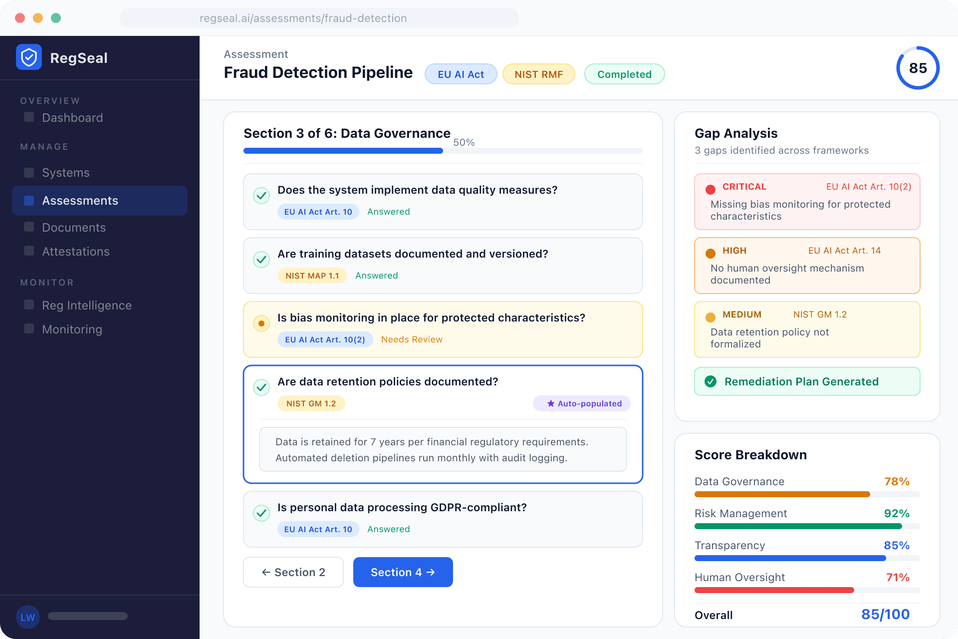 RegSeal Assessment Engine showing framework-specific questionnaire with auto-populated answers and gap analysis