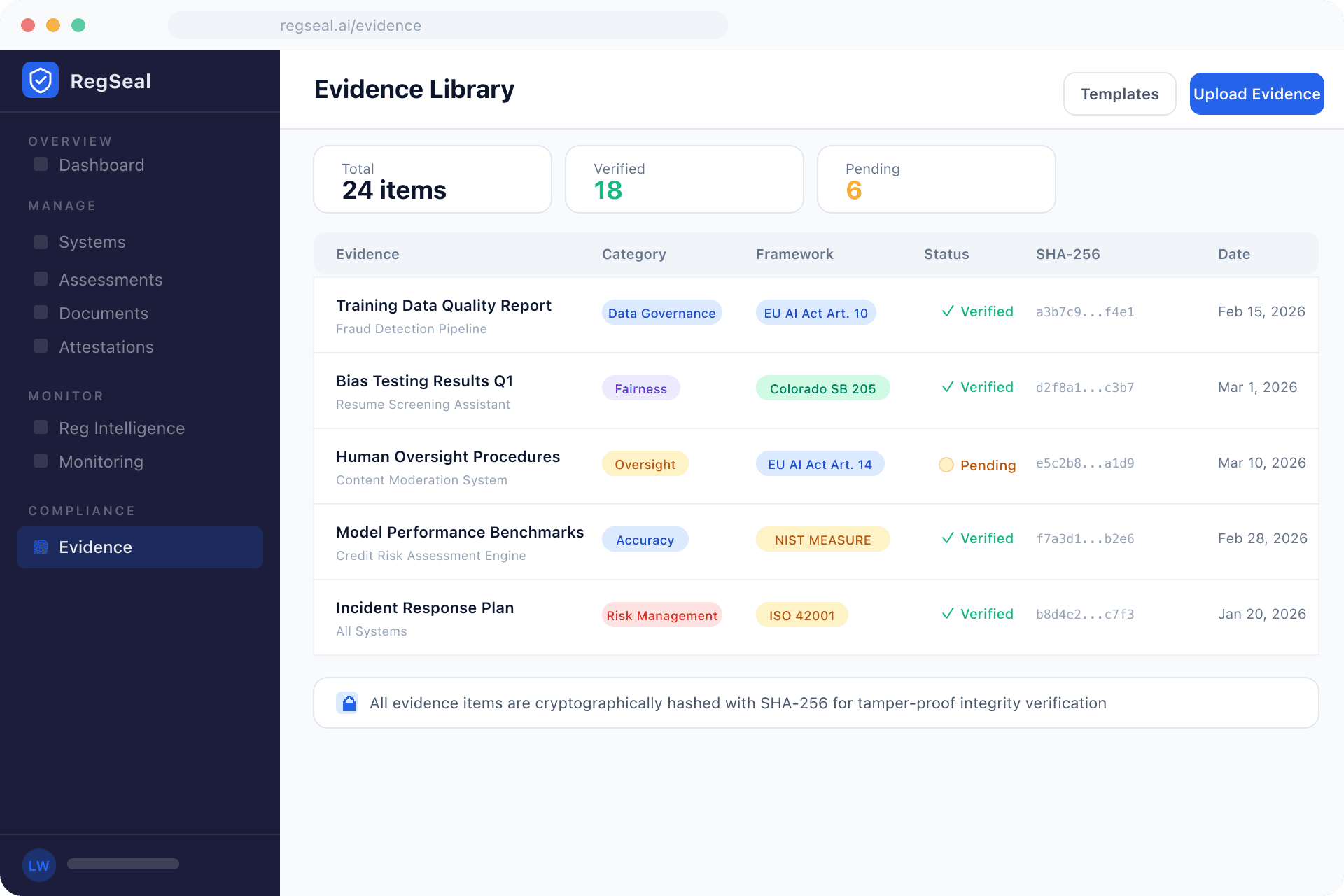 RegSeal Evidence Library showing evidence items with SHA-256 hashes, category mapping, and verification status