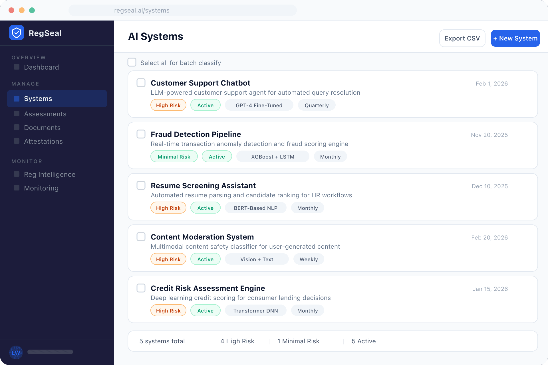RegSeal AI Systems Registry showing a portfolio of registered AI systems with risk badges and classification status